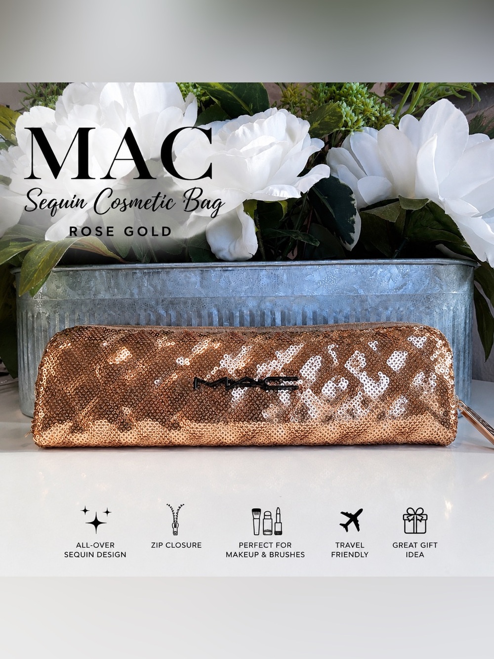 MAC Rose Gold Sequin Cosmetic Makeup Bag✨✨Brand New.